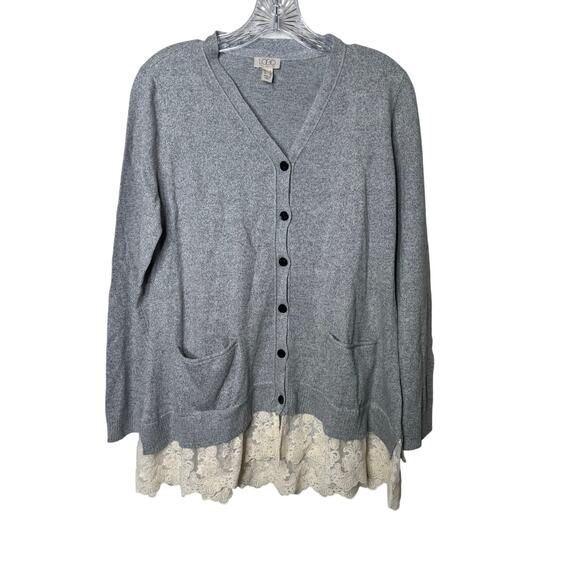 LOGO Lori Goldstein Gray Cardigan Sweater Lace Hem Pockets Linen Blend Sz S - Picture 1 of 9